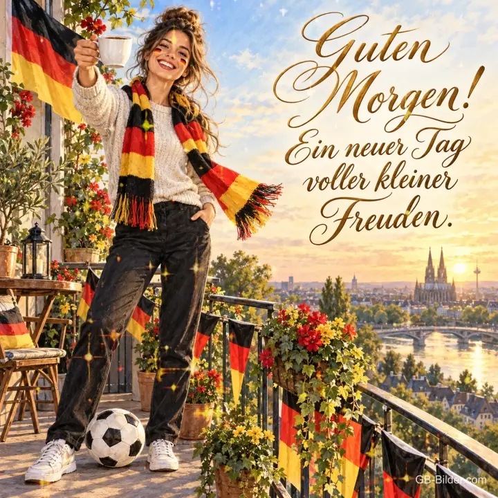 Junge Frau mit Fanschal hebt ihre Kaffeetasse auf einem Balkon mit Fahnen, Text: Guten Morgen! Ein neuer Tag voller kleiner Freuden.
