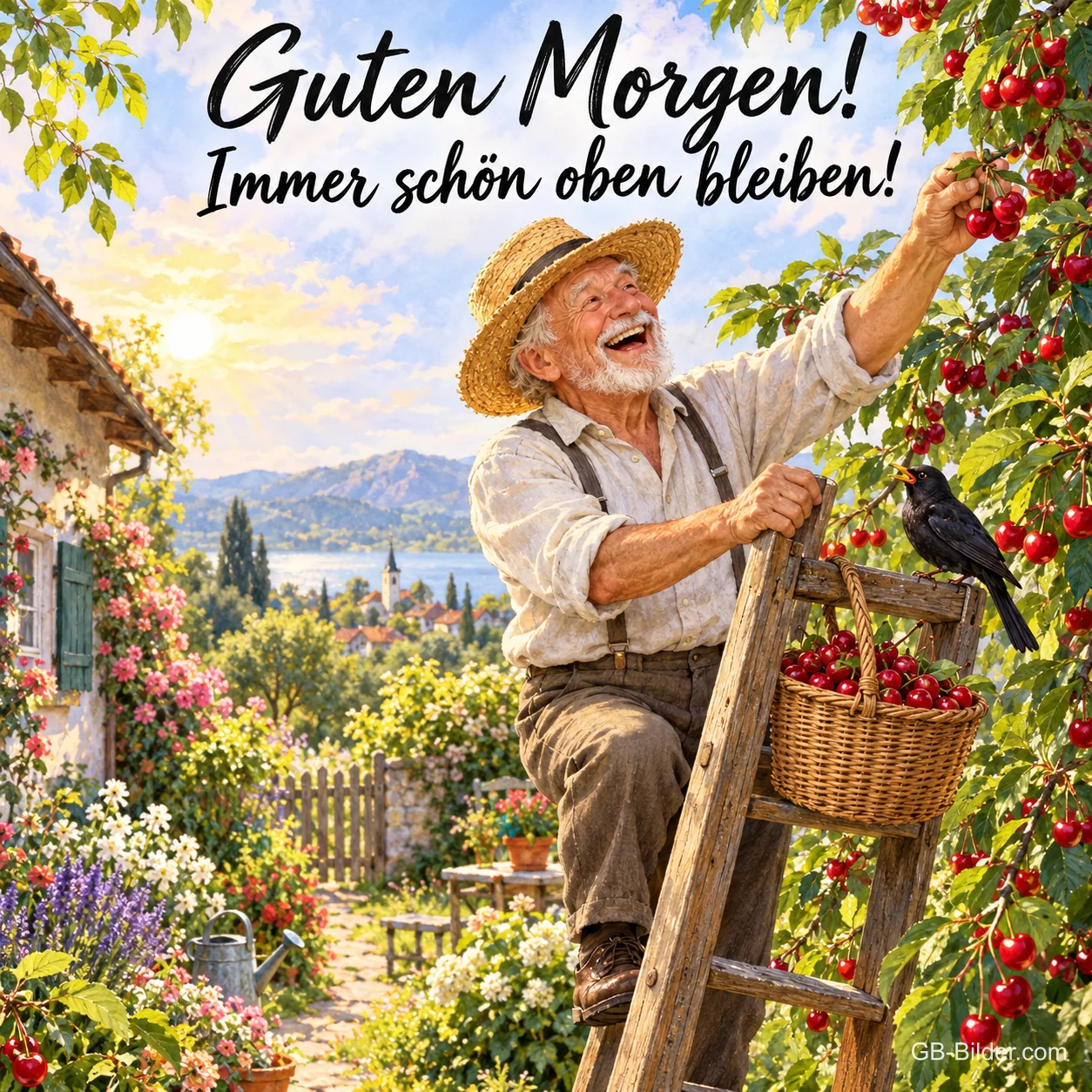 Lachender Opa mit Strohhut pflückt Kirschen auf einer Leiter, Amsel am Korb, Text: Guten Morgen! Immer schön oben bleiben! Lachender Opa mit Strohhut pflückt Kirschen auf einer Leiter, Amsel am Korb, Text: Guten Morgen! Immer schön oben bleiben!