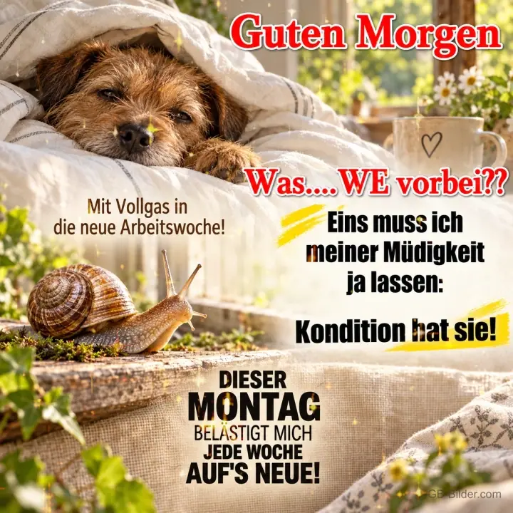 Müder Hund unter der Bettdecke, davor eine Schnecke, Text: Guten Morgen – Was…. WE vorbei?? Mit Vollgas in die neue Arbeitswoche! Eins muss ich meiner Müdigkeit ja lassen: Kondition hat sie! DIESER MONTAG BELÄSTIGT MICH JEDE WOCHE AUF’S NEUE! Müder Hund unter der Bettdecke, davor eine Schnecke, Text: Guten Morgen – Was…. WE vorbei?? Mit Vollgas in die neue Arbeitswoche! Eins muss ich meiner Müdigkeit ja lassen: Kondition hat sie! DIESER MONTAG BELÄSTIGT MICH JEDE WOCHE AUF’S NEUE!