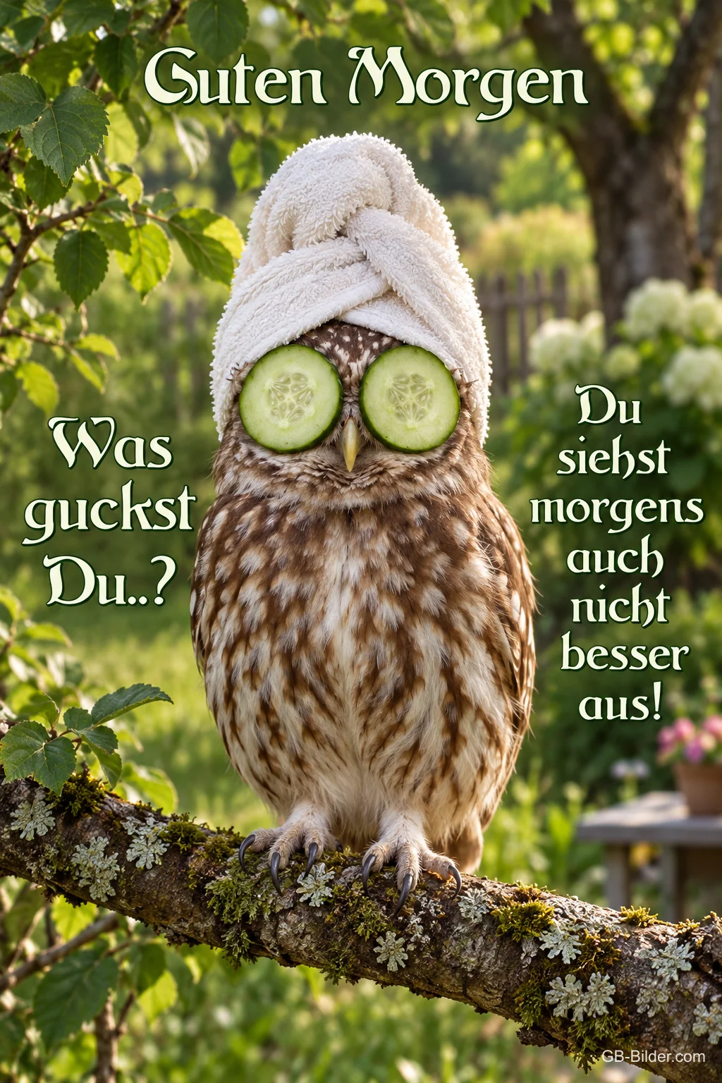 Steinkauz mit Handtuchturban und Gurkenscheiben auf den Augen, Text: Guten Morgen – Was guckst Du..? Du siehst morgens auch nicht besser aus! Steinkauz mit Handtuchturban und Gurkenscheiben auf den Augen, Text: Guten Morgen – Was guckst Du..? Du siehst morgens auch nicht besser aus!
