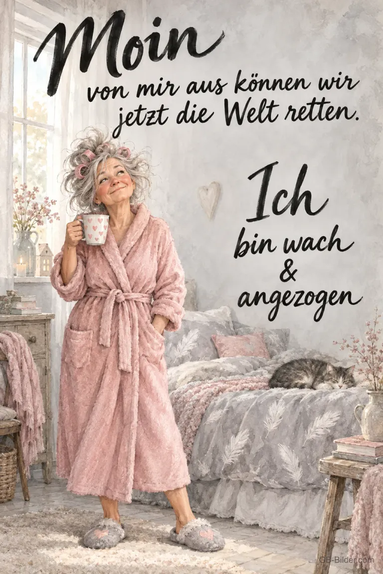 Ältere Frau mit Lockenwicklern im rosa Bademantel mit Kaffeetasse, Text: Moin – von mir aus können wir jetzt die Welt retten. Ich bin wach & angezogen
