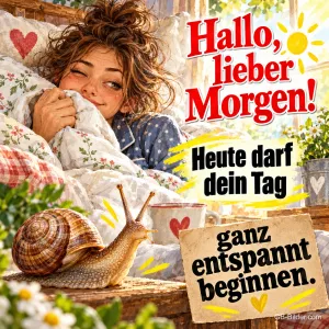 Verschlafene Frau zwinkert unter der Bettdecke, eine Schnecke auf dem Nachttisch, Text: Hallo, lieber Morgen! Heute darf dein Tag ganz entspannt beginnen.