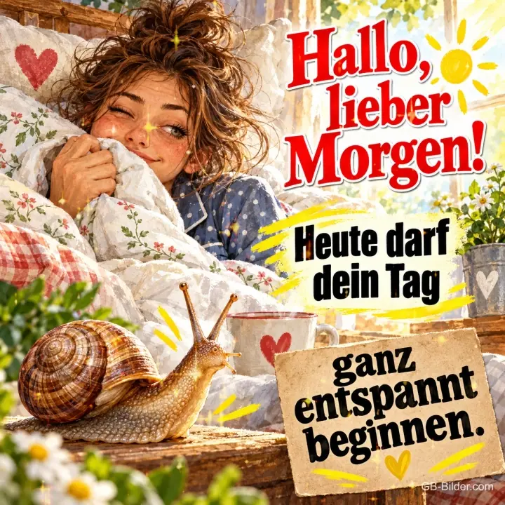 Verschlafene Frau zwinkert unter der Bettdecke, eine Schnecke auf dem Nachttisch, Text: Hallo, lieber Morgen! Heute darf dein Tag ganz entspannt beginnen. Verschlafene Frau zwinkert unter der Bettdecke, eine Schnecke auf dem Nachttisch, Text: Hallo, lieber Morgen! Heute darf dein Tag ganz entspannt beginnen.