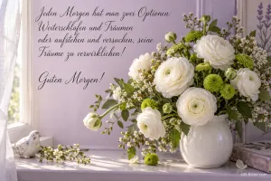 Weiße Ranunkeln und grüne Chrysanthemen in einer Vase am Fenster, Text: Jeden Morgen hat man zwei Optionen: Weiterschlafen und Träumen oder aufstehen und versuchen, seine Träume zu verwirklichen! Guten Morgen!