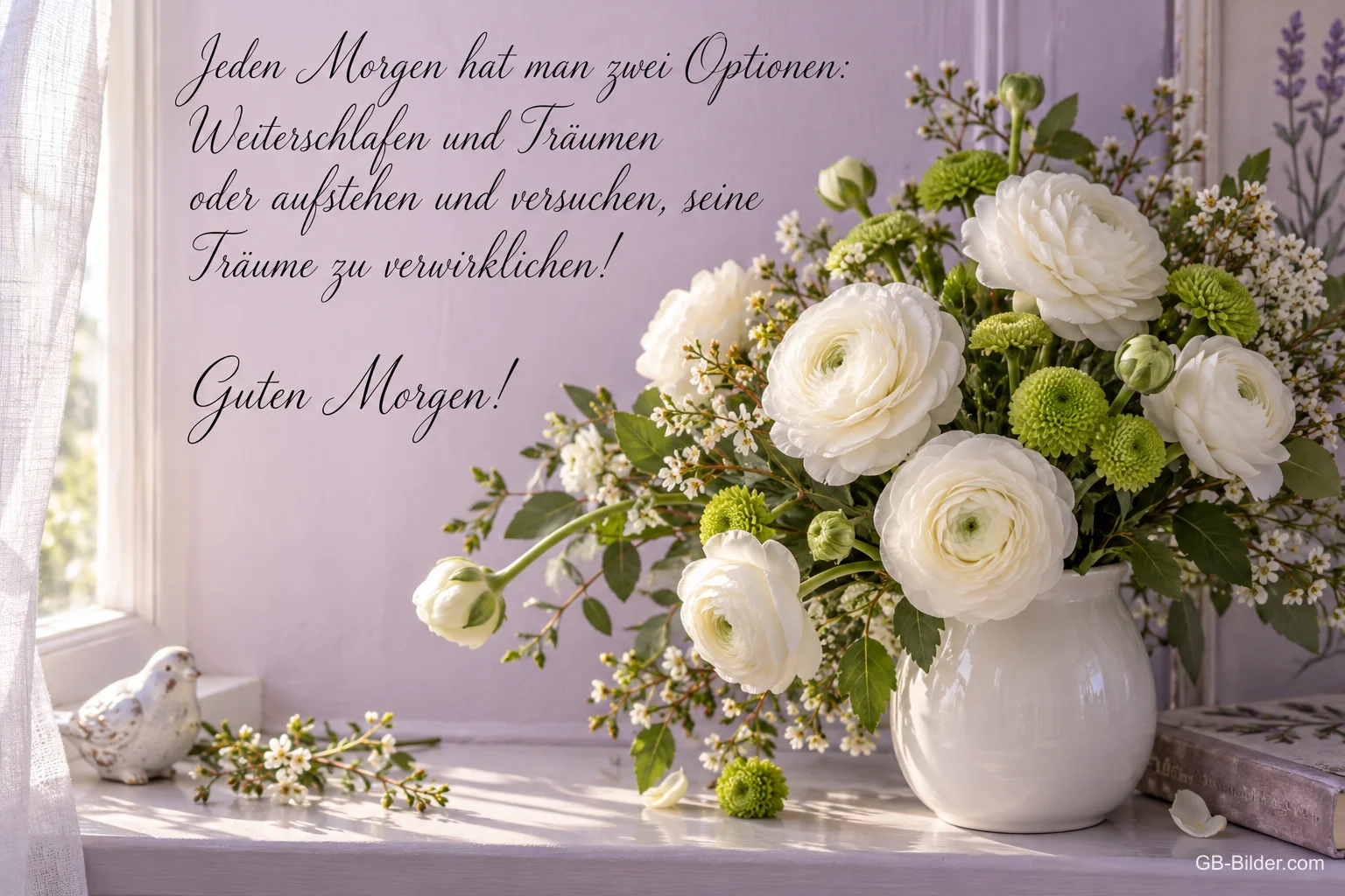 Weiße Ranunkeln und grüne Chrysanthemen in einer Vase am Fenster, Text: Jeden Morgen hat man zwei Optionen: Weiterschlafen und Träumen oder aufstehen und versuchen, seine Träume zu verwirklichen! Guten Morgen! Weiße Ranunkeln und grüne Chrysanthemen in einer Vase am Fenster, Text: Jeden Morgen hat man zwei Optionen: Weiterschlafen und Träumen oder aufstehen und versuchen, seine Träume zu verwirklichen! Guten Morgen!