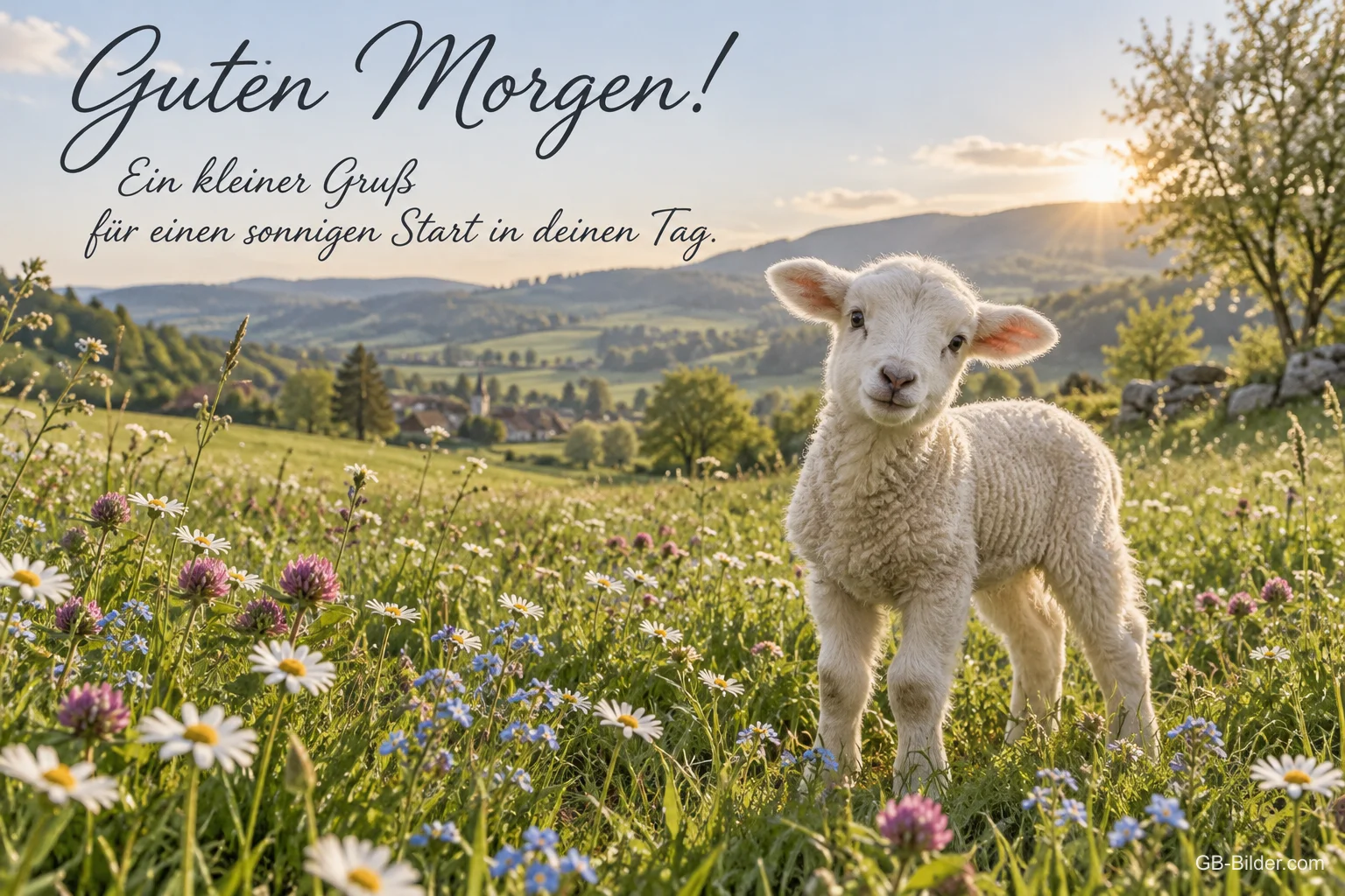 Lamm in der Blumenwiese, Text: Guten Morgen Lamm in der Blumenwiese, Text: Guten Morgen