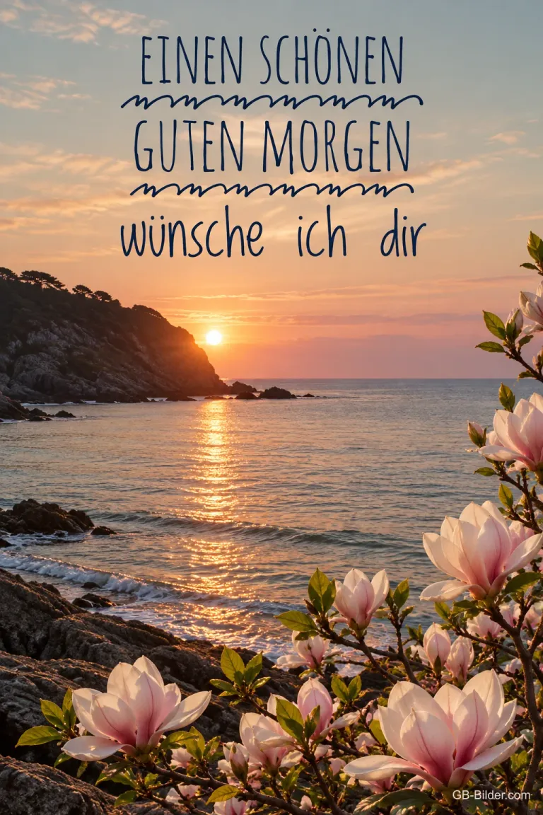 Magnolienblüten vor dem Sonnenaufgang über dem Meer, Text: EINEN SCHÖNEN GUTEN MORGEN wünsche ich dir