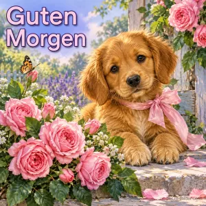 Golden-Retriever-Welpe mit rosa Schleife zwischen Rosen, Text: Guten Morgen