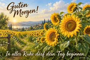 Weg durch ein Sonnenblumenfeld bei Sonnenaufgang, Text: Guten Morgen! – In aller Ruhe darf dein Tag beginnen.