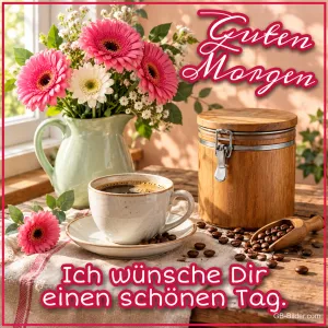 Pinke Gerbera im Krug neben Kaffeetasse und Kaffeedose, Text: Guten Morgen – Ich wünsche Dir einen schönen Tag.
