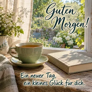 Tee und Buch am Fenster, Text: Guten Morgen