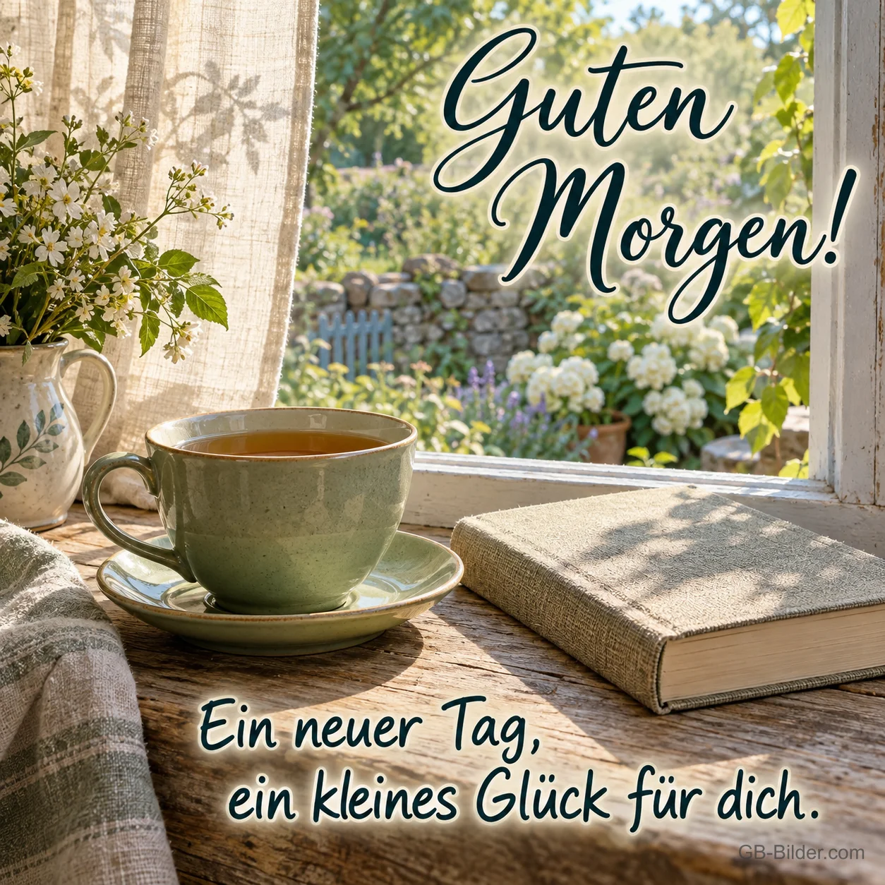 Tee und Buch am Fenster, Text: Guten Morgen Tee und Buch am Fenster, Text: Guten Morgen