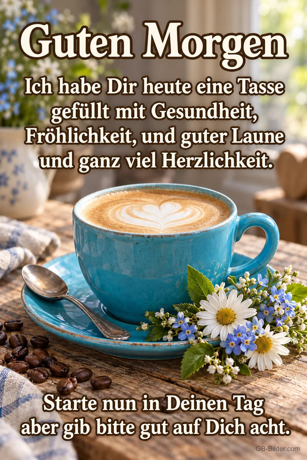 Blaue Tasse Cappuccino mit Herz neben Wiesenblumen, Text: Guten Morgen – Ich habe Dir heute eine Tasse gefüllt mit Gesundheit, Fröhlichkeit, und guter Laune und ganz viel Herzlichkeit. Starte nun in Deinen Tag aber gib bitte gut auf Dich acht. Blaue Tasse Cappuccino mit Herz neben Wiesenblumen, Text: Guten Morgen – Ich habe Dir heute eine Tasse gefüllt mit Gesundheit, Fröhlichkeit, und guter Laune und ganz viel Herzlichkeit. Starte nun in Deinen Tag aber gib bitte gut auf Dich acht.