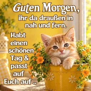 Rotes Kätzchen sitzt in einem gelben Blumentopf am Fenster, Text: Guten Morgen, ihr da draußen in nah und fern. Habt einen schönen Tag & passt auf Euch auf ..