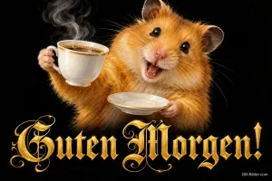 Lachender Hamster hält eine Kaffeetasse mit Untertasse, Text: Guten Morgen!