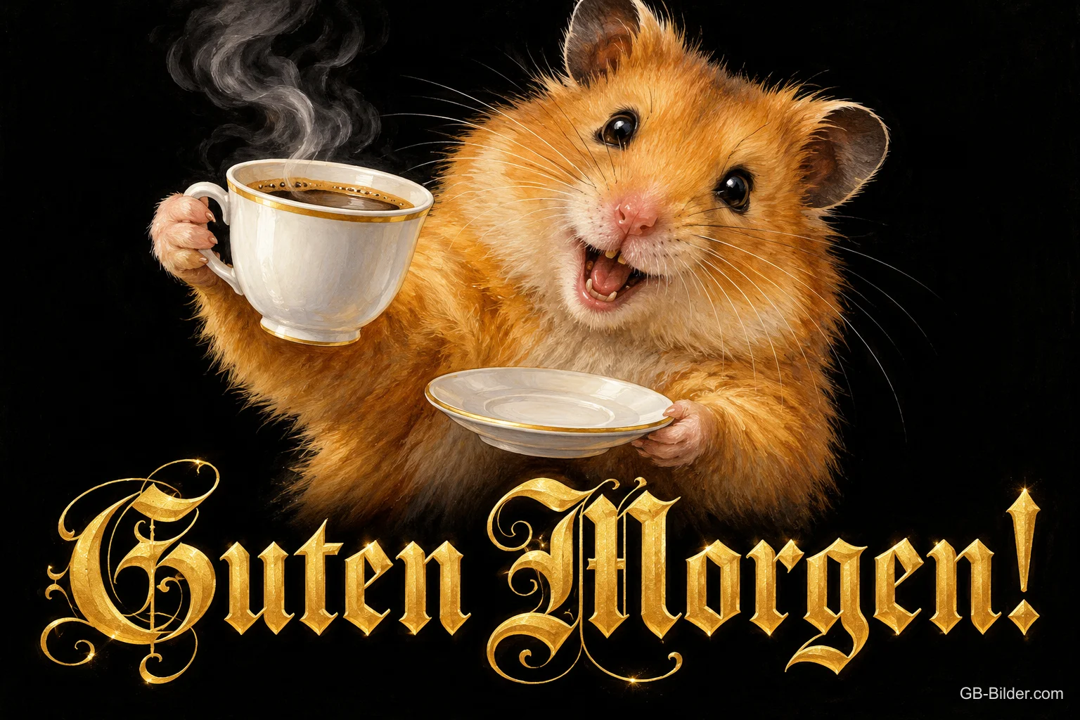 Lachender Hamster hält eine Kaffeetasse mit Untertasse, Text: Guten Morgen! Lachender Hamster hält eine Kaffeetasse mit Untertasse, Text: Guten Morgen!