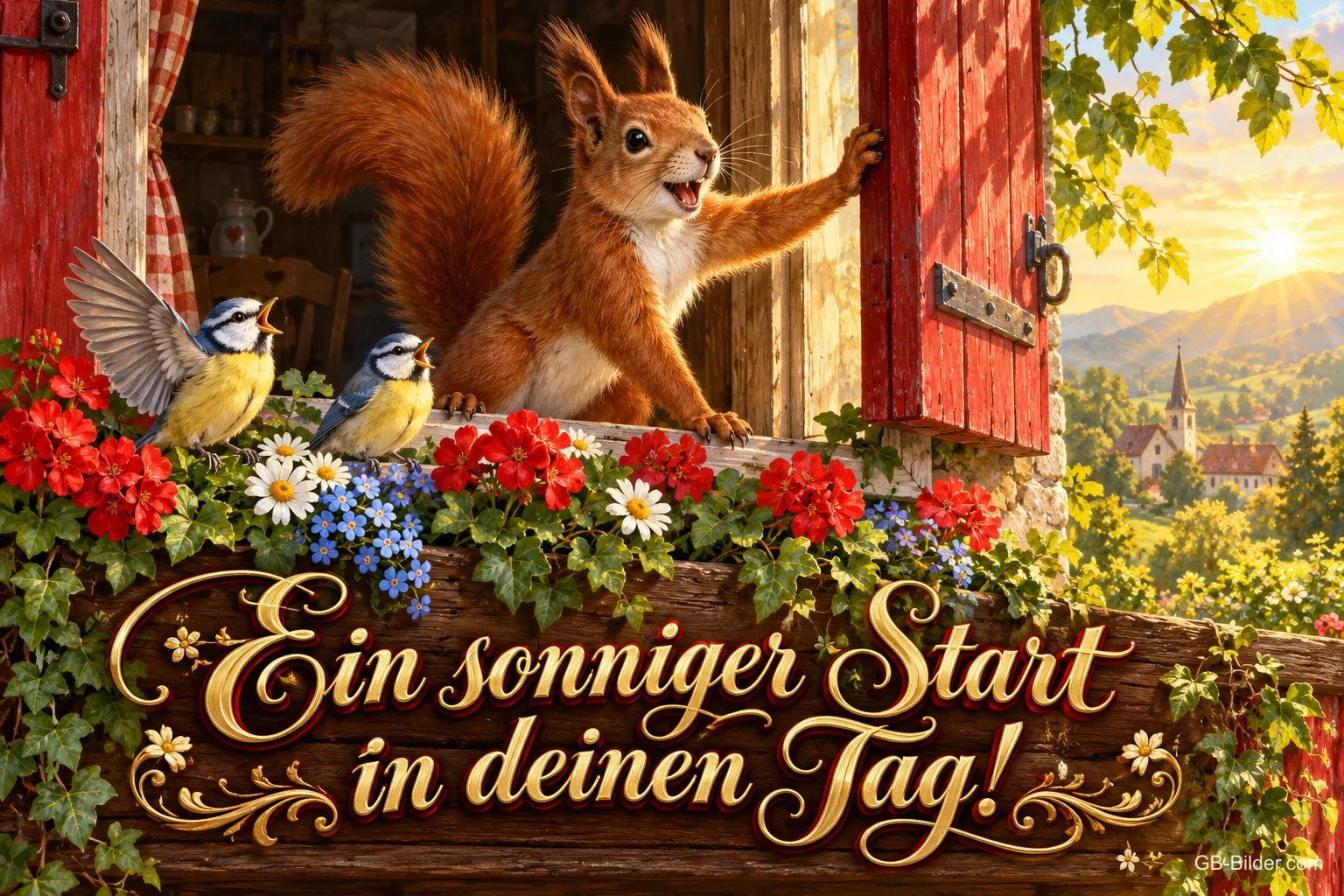 Eichhörnchen öffnet einen roten Fensterladen in die Morgensonne, Meisen im Blumenkasten, Text: Ein sonniger Start in deinen Tag! Eichhörnchen öffnet einen roten Fensterladen in die Morgensonne, Meisen im Blumenkasten, Text: Ein sonniger Start in deinen Tag!