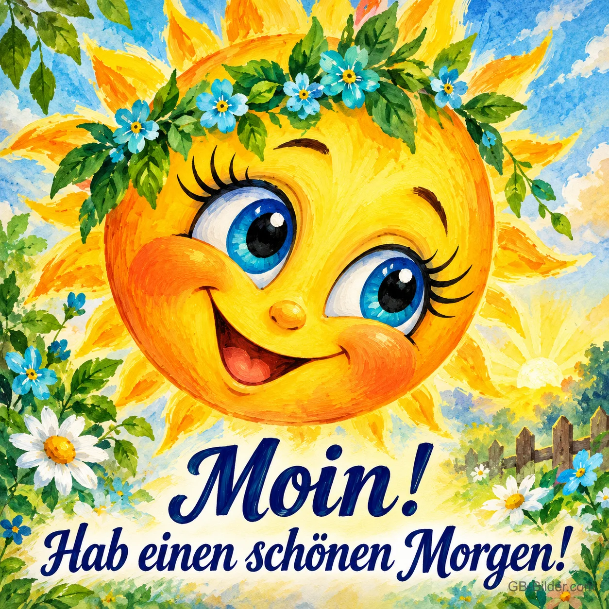 Lachende Sonne mit Vergissmeinnicht-Kranz über einer Blumenwiese, Text: Moin! Hab einen schönen Morgen! Lachende Sonne mit Vergissmeinnicht-Kranz über einer Blumenwiese, Text: Moin! Hab einen schönen Morgen!
