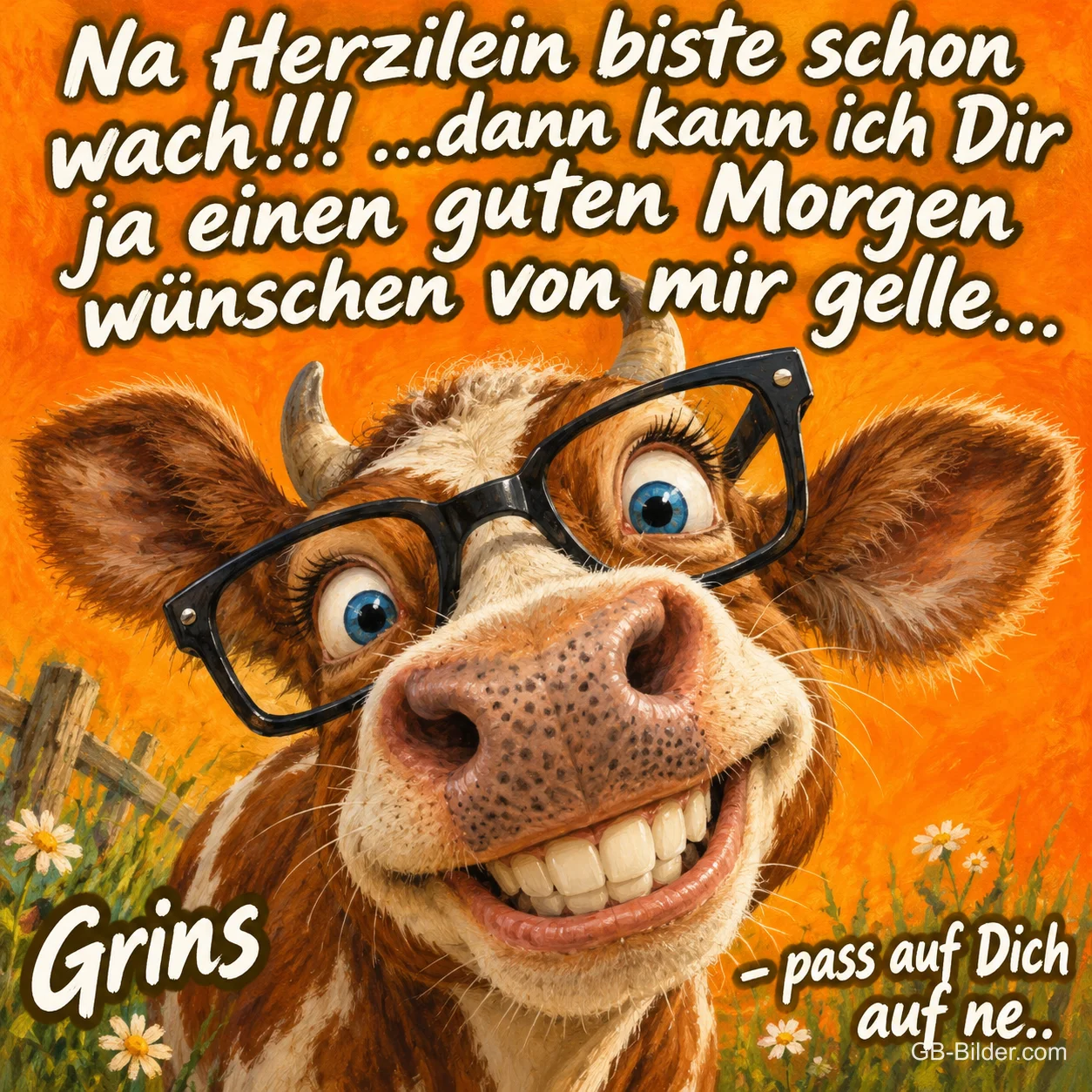 Kuh mit großer Brille grinst breit vor orangem Hintergrund, Text: Na Herzilein biste schon wach!!! ….dann kann ich Dir ja einen guten Morgen wünschen von mir gelle… Grins – pass auf Dich auf ne.. Kuh mit großer Brille grinst breit vor orangem Hintergrund, Text: Na Herzilein biste schon wach!!! ….dann kann ich Dir ja einen guten Morgen wünschen von mir gelle… Grins – pass auf Dich auf ne..