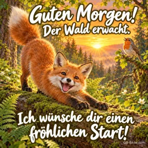 Junger Fuchs streckt sich auf einem Baumstamm bei Sonnenaufgang, Rotkehlchen singt, Text: Guten Morgen! Der Wald erwacht. Ich wünsche dir einen fröhlichen Start!