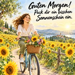 Junge Frau fährt mit Blumenkorb durch ein Sonnenblumenfeld, Text: Guten Morgen! Pack dir ein bisschen Sonnenschein ein.