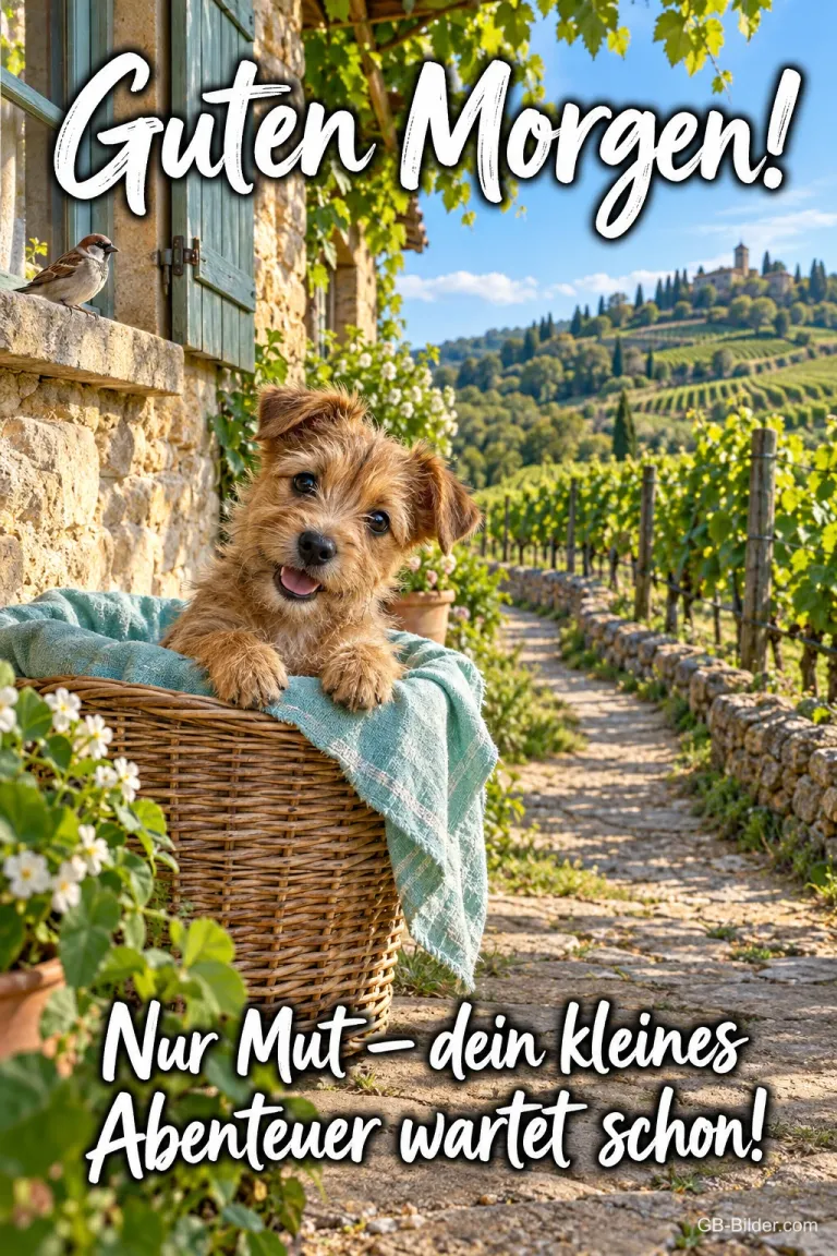 Welpe schaut aus einem Wäschekorb vor einem Weinberg, Text: Guten Morgen! – Nur Mut – dein kleines Abenteuer wartet schon!
