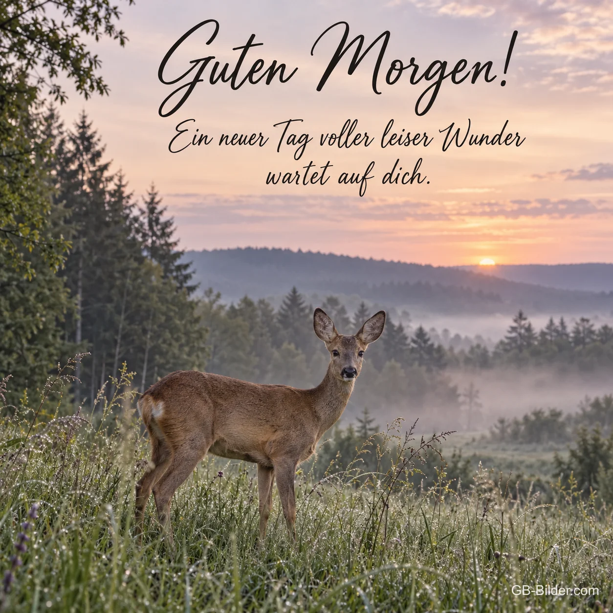 Reh im Morgennebel, Text: Guten Morgen Reh im Morgennebel, Text: Guten Morgen