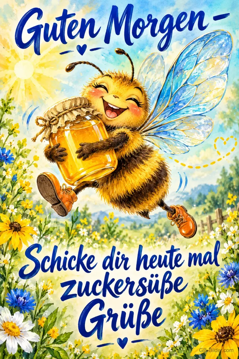 Lachende Biene trägt ein Honigglas über eine Blumenwiese, Text: Guten Morgen – Schicke dir heute mal zuckersüße Grüße