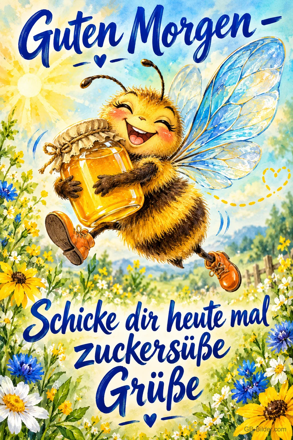 Lachende Biene trägt ein Honigglas über eine Blumenwiese, Text: Guten Morgen – Schicke dir heute mal zuckersüße Grüße Lachende Biene trägt ein Honigglas über eine Blumenwiese, Text: Guten Morgen – Schicke dir heute mal zuckersüße Grüße