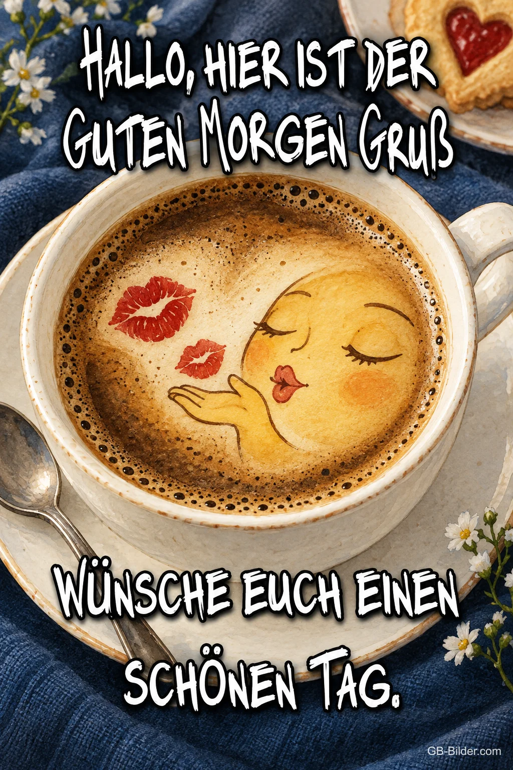 Cappuccino mit Gesicht und Kussmund im Milchschaum, Text: HALLO, HIER IST DER GUTEN MORGEN GRUSS – WÜNSCHE EUCH EINEN SCHÖNEN TAG. Cappuccino mit Gesicht und Kussmund im Milchschaum, Text: HALLO, HIER IST DER GUTEN MORGEN GRUSS – WÜNSCHE EUCH EINEN SCHÖNEN TAG.