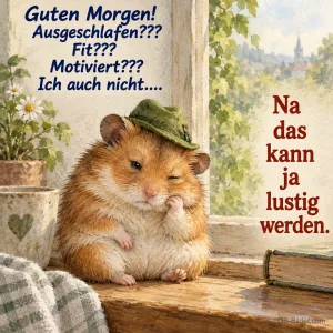 Hamster mit grünem Hut auf der Fensterbank, Text: Guten Morgen! Ausgeschlafen??? Fit??? Motiviert??? Ich auch nicht…. Na das kann ja lustig werden.