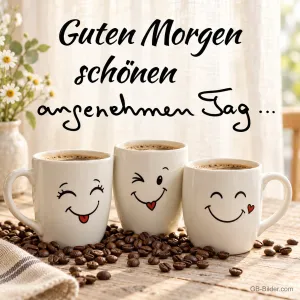 Drei Kaffeetassen mit lachenden Gesichtern auf Kaffeebohnen, Text: Guten Morgen schönen angenehmen Tag…