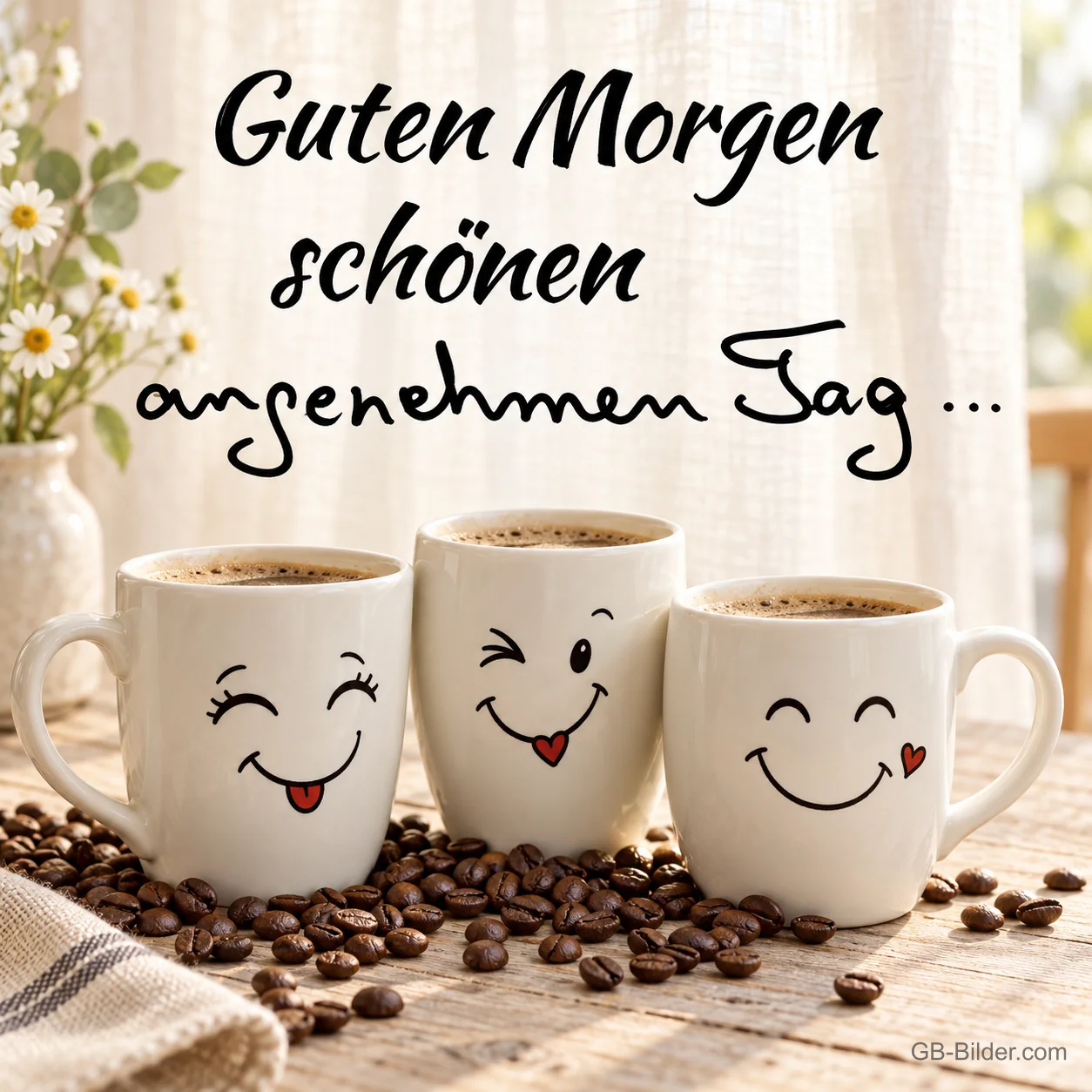 Drei Kaffeetassen mit lachenden Gesichtern auf Kaffeebohnen, Text: Guten Morgen schönen angenehmen Tag… Drei Kaffeetassen mit lachenden Gesichtern auf Kaffeebohnen, Text: Guten Morgen schönen angenehmen Tag…