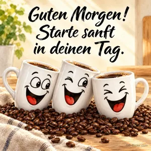 Drei lachende weiße Kaffeetassen auf Kaffeebohnen, Text: Guten Morgen! Starte sanft in deinen Tag.