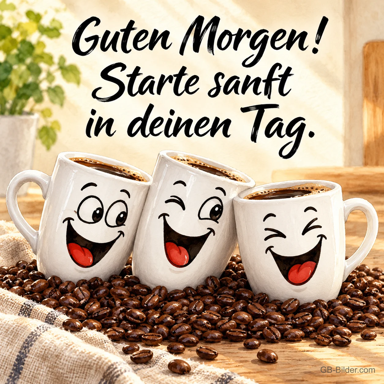 Drei lachende weiße Kaffeetassen auf Kaffeebohnen, Text: Guten Morgen! Starte sanft in deinen Tag. Drei lachende weiße Kaffeetassen auf Kaffeebohnen, Text: Guten Morgen! Starte sanft in deinen Tag.