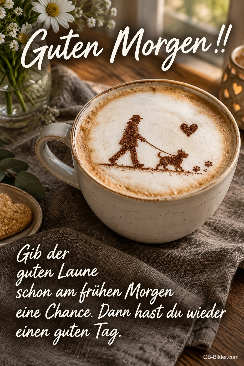 Cappuccino mit Bild eines Spaziergängers mit Hund im Milchschaum, Text: Guten Morgen!! Gib der guten Laune schon am frühen Morgen eine Chance. Dann hast du wieder einen guten Tag. Cappuccino mit Bild eines Spaziergängers mit Hund im Milchschaum, Text: Guten Morgen!! Gib der guten Laune schon am frühen Morgen eine Chance. Dann hast du wieder einen guten Tag.