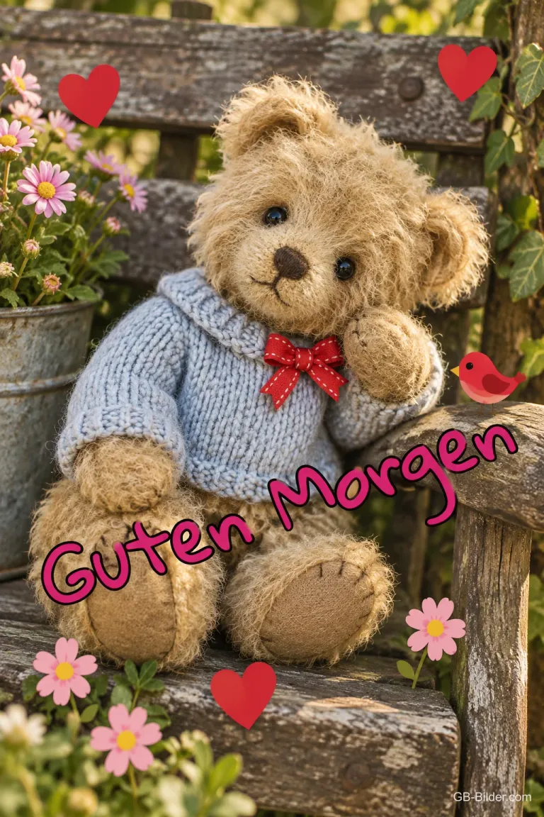 Teddybär im blauen Strickpulli auf einer Gartenbank, Text: Guten Morgen