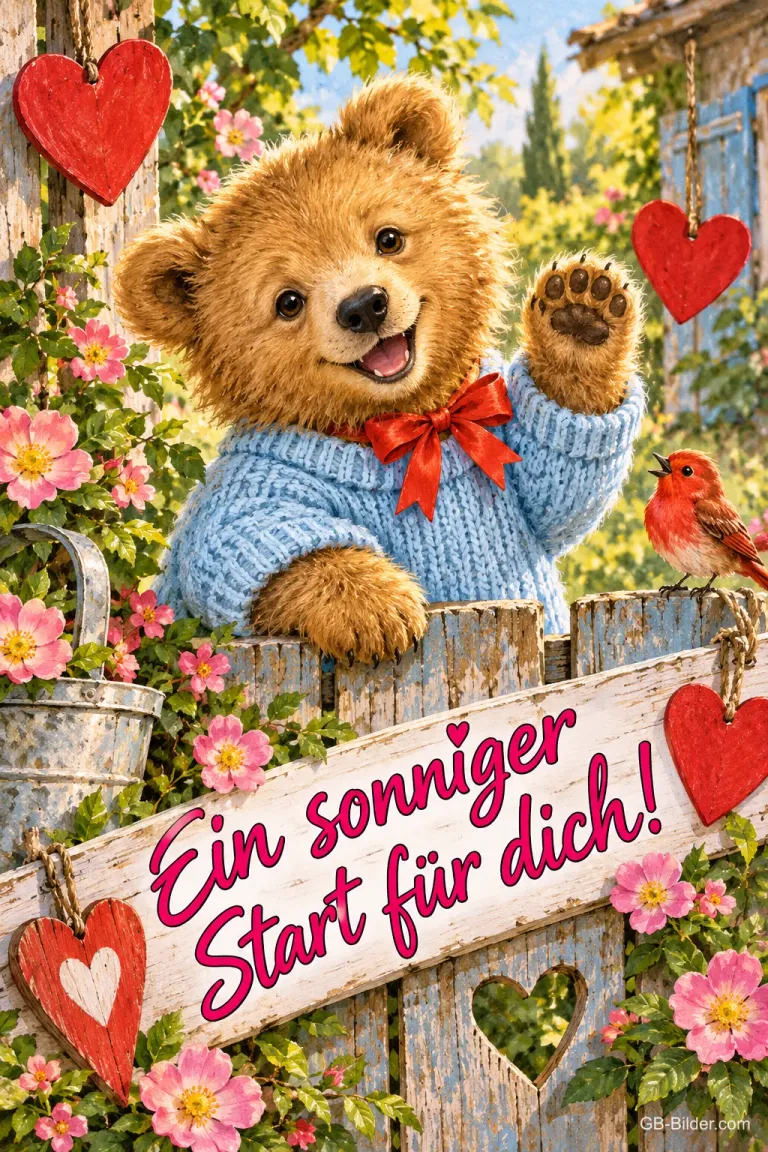 Bär im blauen Pullover winkt über einem Gartenzaun mit Herzen und Rosen, Text: Ein sonniger Start für dich!