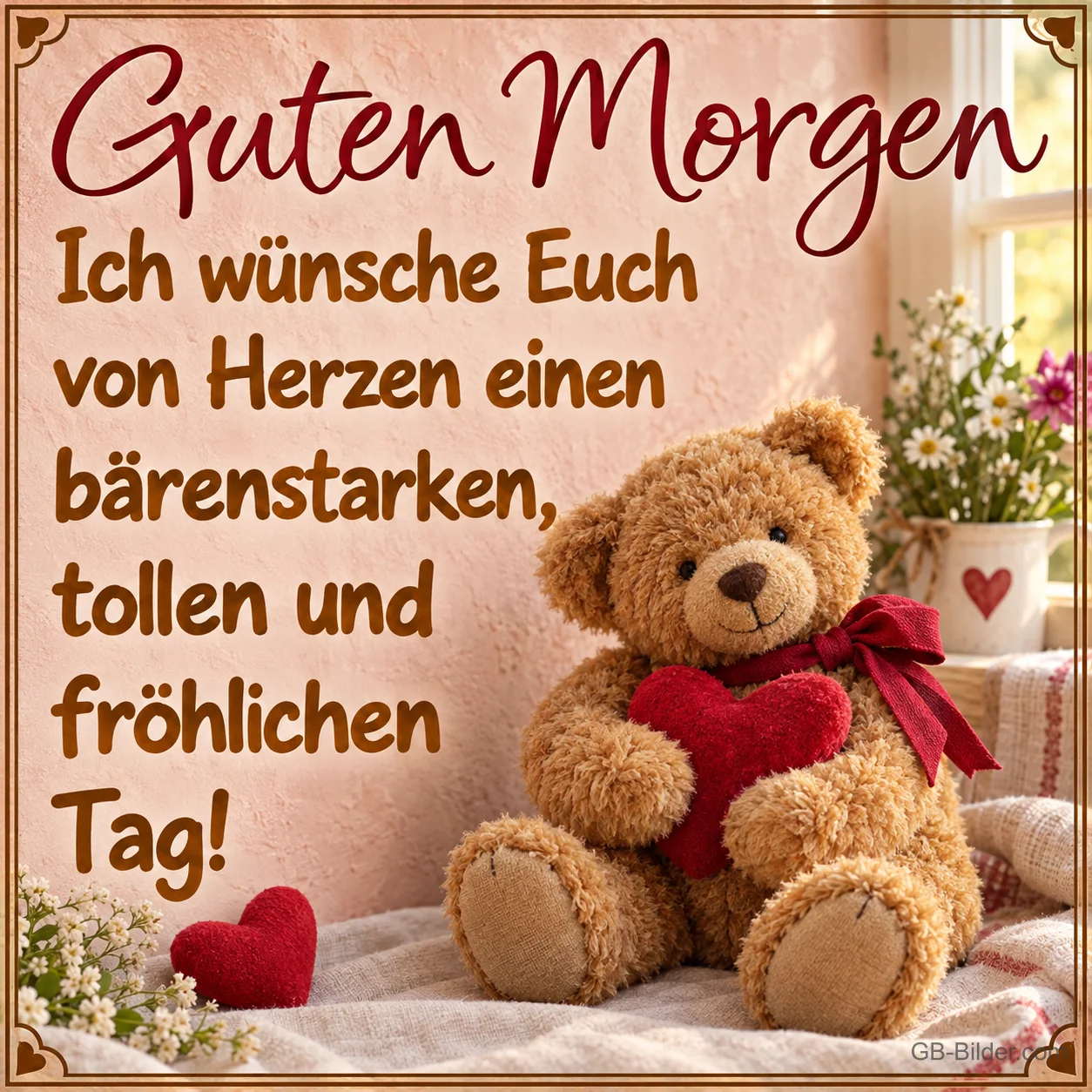 Teddybär hält ein rotes Herz auf einer Decke, Text: Guten Morgen – Ich wünsche Euch von Herzen einen bärenstarken, tollen und fröhlichen Tag! Teddybär hält ein rotes Herz auf einer Decke, Text: Guten Morgen – Ich wünsche Euch von Herzen einen bärenstarken, tollen und fröhlichen Tag!