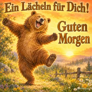 Bär tanzt lachend mit ausgebreiteten Armen auf einer Wiese bei Sonnenaufgang, Text: Ein Lächeln für Dich! Guten Morgen