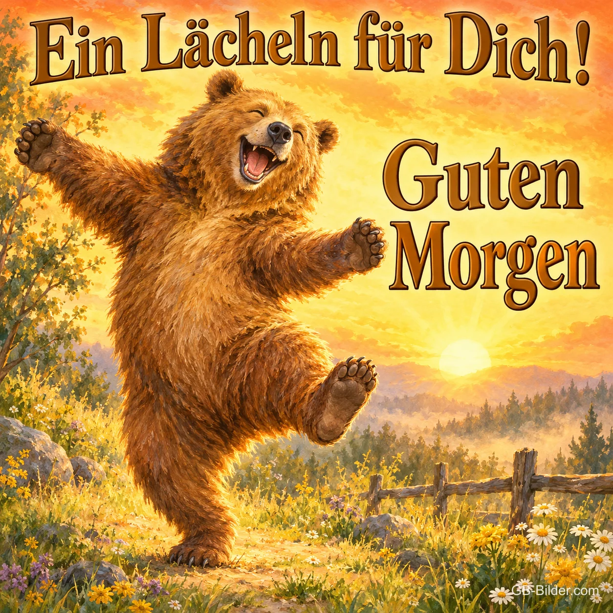 Bär tanzt lachend mit ausgebreiteten Armen auf einer Wiese bei Sonnenaufgang, Text: Ein Lächeln für Dich! Guten Morgen