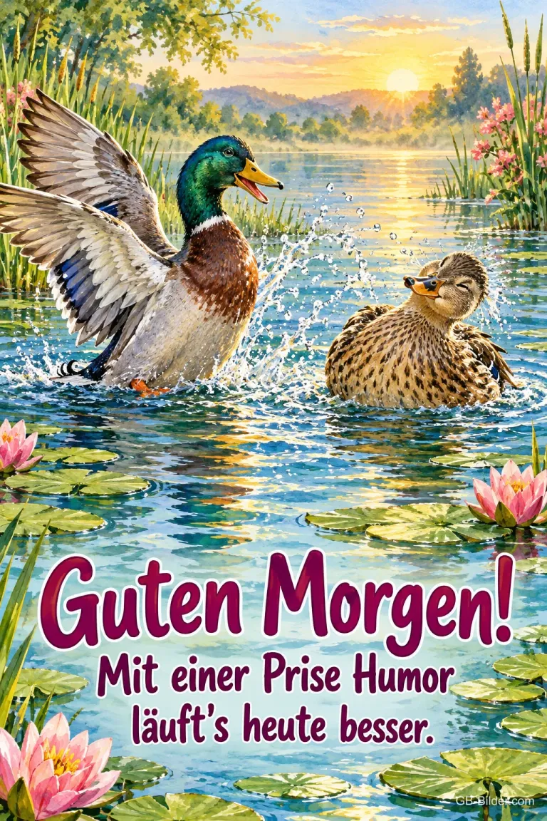 Stockerpel schlägt mit den Flügeln im Teich, Ente schwimmt daneben, Text: Guten Morgen! – Mit einer Prise Humor läuft's heute besser.