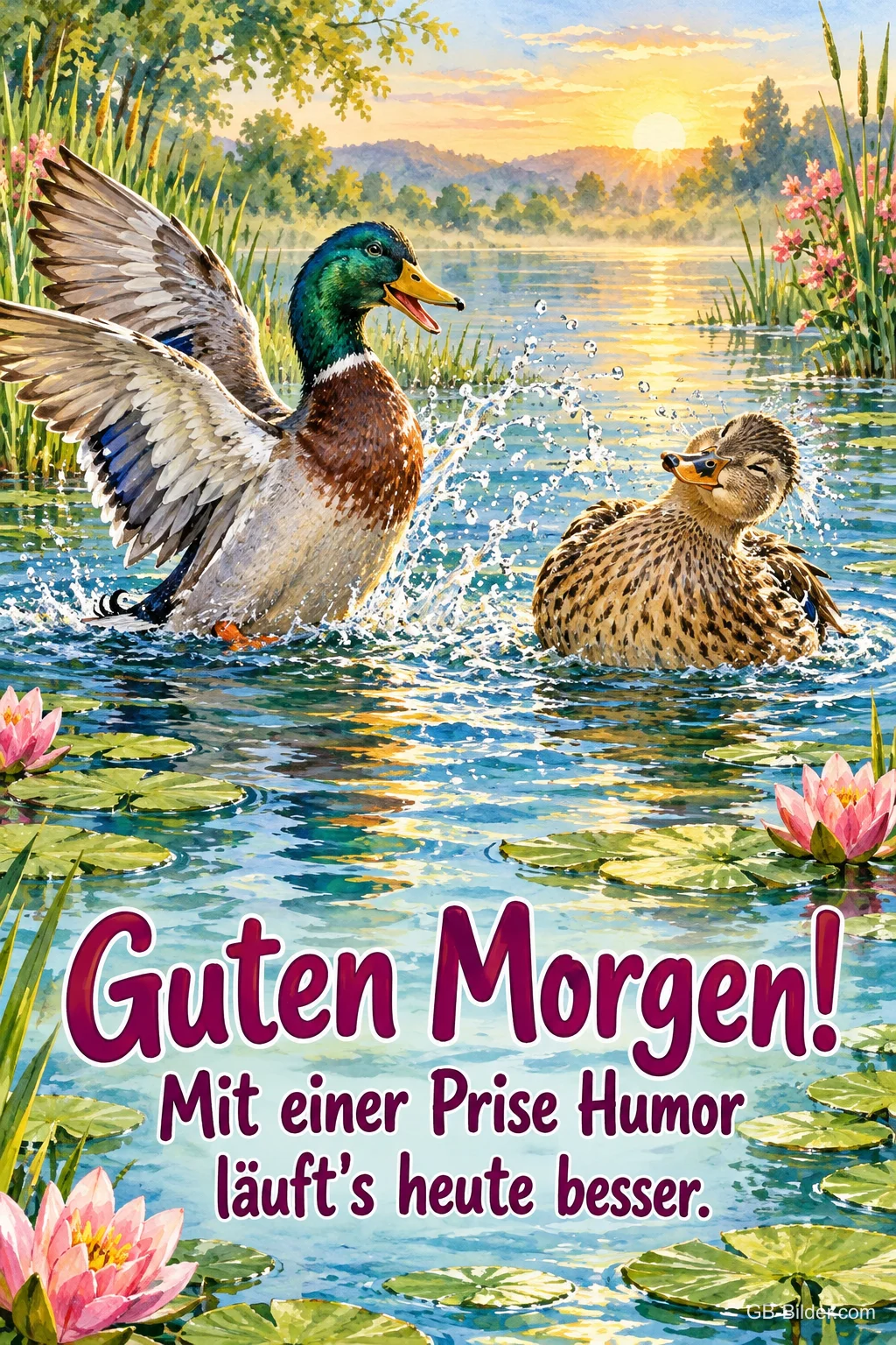 Stockerpel schlägt mit den Flügeln im Teich, Ente schwimmt daneben, Text: Guten Morgen! – Mit einer Prise Humor läuft's heute besser. Stockerpel schlägt mit den Flügeln im Teich, Ente schwimmt daneben, Text: Guten Morgen! – Mit einer Prise Humor läuft's heute besser.
