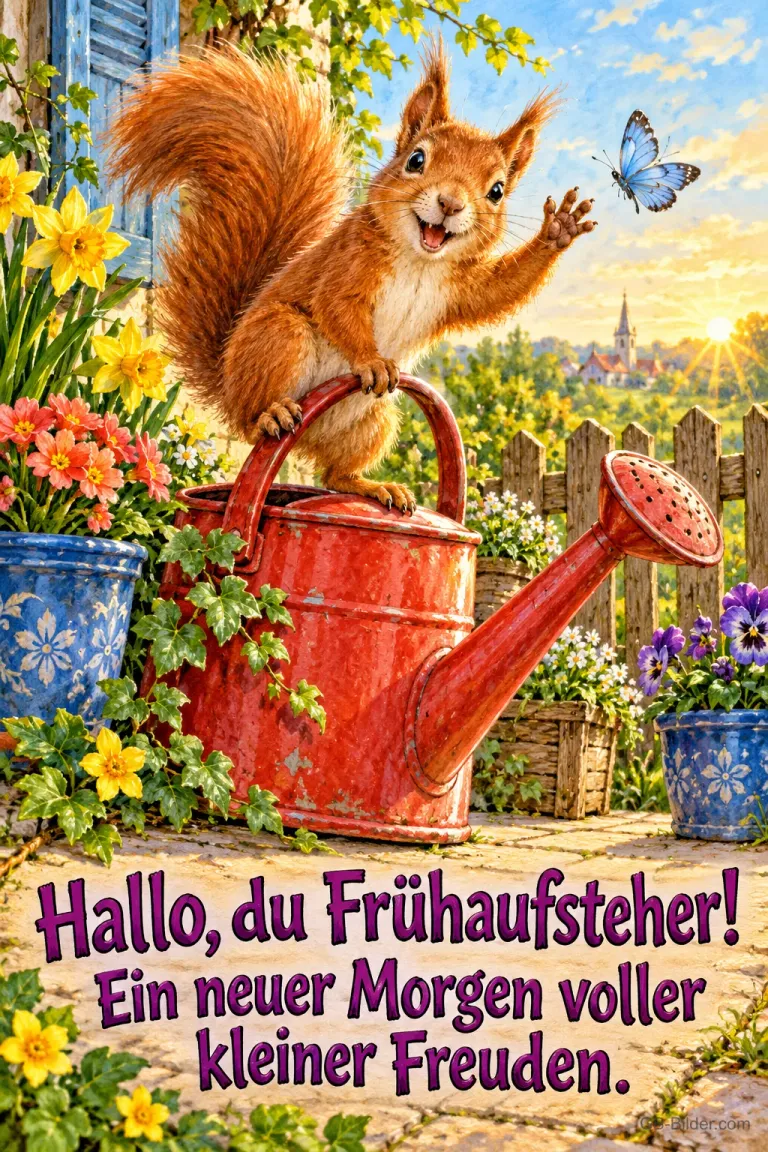 Eichhörnchen winkt von einer roten Gießkanne im Frühlingsgarten, Text: Hallo, du Frühaufsteher! Ein neuer Morgen voller kleiner Freuden.