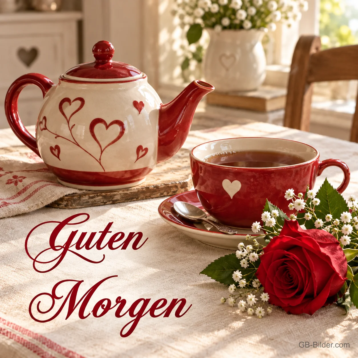 Teekanne und Tasse mit Herzen neben einer roten Rose, Text: Guten Morgen Teekanne und Tasse mit Herzen neben einer roten Rose, Text: Guten Morgen