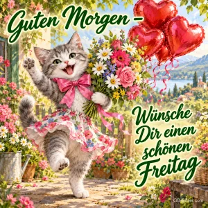 Kätzchen im Blumenkleid tanzt mit Herzluftballons und Blumenstrauß, Text: Guten Morgen – Wünsche Dir einen schönen Freitag