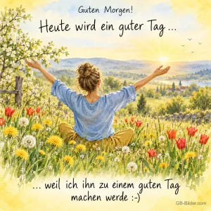 Frau breitet die Arme auf einer Blumenwiese bei Sonnenaufgang aus, Text: Guten Morgen! Heute wird ein guter Tag… …weil ich ihn zu einem guten Tag machen werde :-)