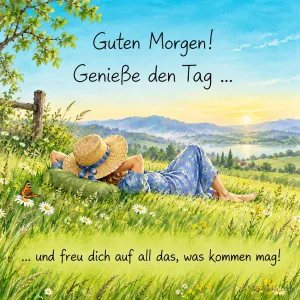 Frau mit Strohhut liegt entspannt auf einer Wiese, Text: Guten Morgen! Genieße den Tag… und freu dich auf all das, was kommen mag!
