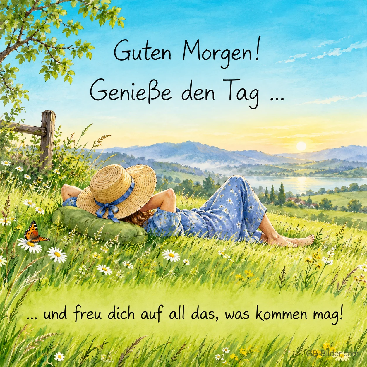 Frau mit Strohhut liegt entspannt auf einer Wiese, Text: Guten Morgen! Genieße den Tag… und freu dich auf all das, was kommen mag! Frau mit Strohhut liegt entspannt auf einer Wiese, Text: Guten Morgen! Genieße den Tag… und freu dich auf all das, was kommen mag!