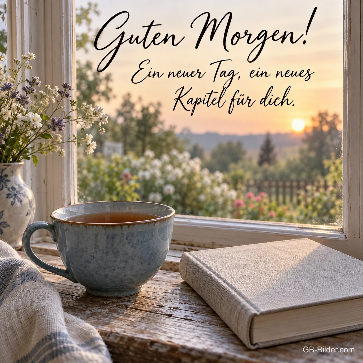 Tee und Buch am Fenster, Text: Guten Morgen Tee und Buch am Fenster, Text: Guten Morgen